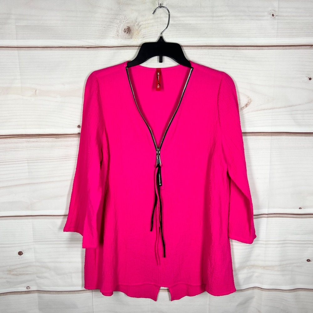 IC by Connie K Top Womens Small Pink 1/2 Zip Blouse Tunic Shirt 3/4 Sleeve Solid